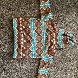 Brown and Blue Cowl Neck Jacket with Geometric Pattern